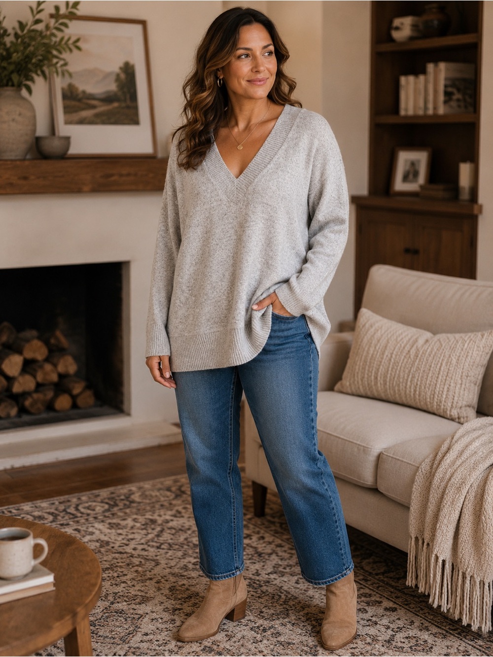 🆕🎉NWT Buffalo David Bitton Light Gray V-Neck Oversized Sweater
